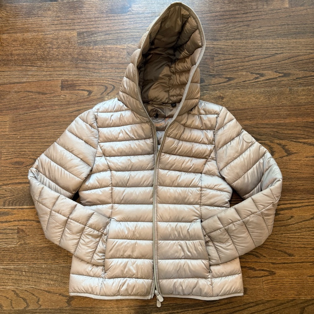 SAVE THE DUCK Alexis Shore Beige Hooded Puffer Jacket Sz 2/M 100% animal free - Picture 11 of 12